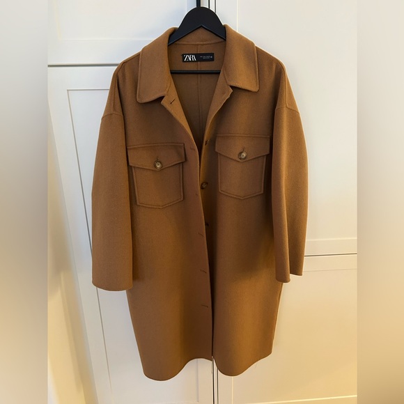 ZARA WOOL OVERSIZED OVERSHIRT JACKET CAMEL MIDI COAT - Picture 5 of 6